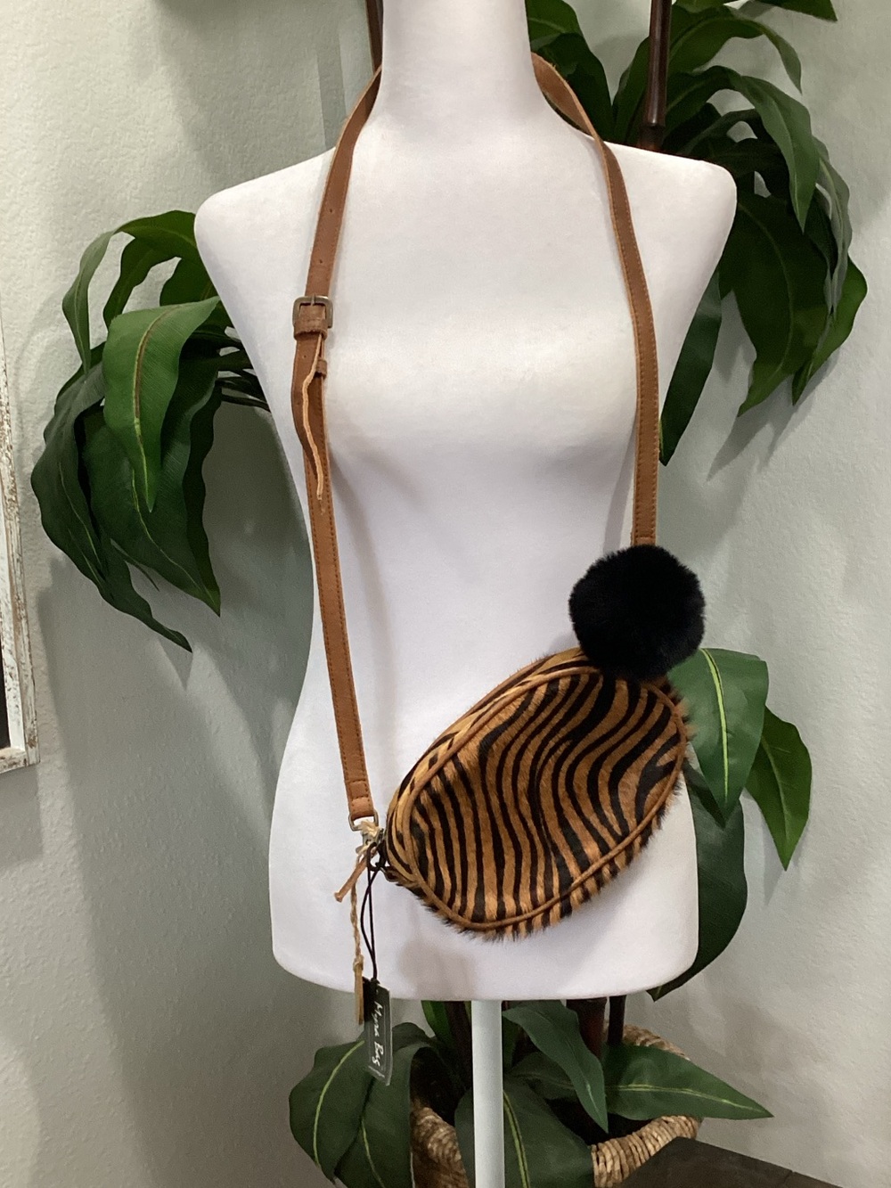 Myra Brown Zebra-Print Crossbody Bag with Pom Pom
